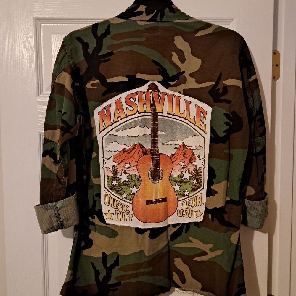 ARMY CAMO JACKET Military Repurposed "NASHVILLE" Music City